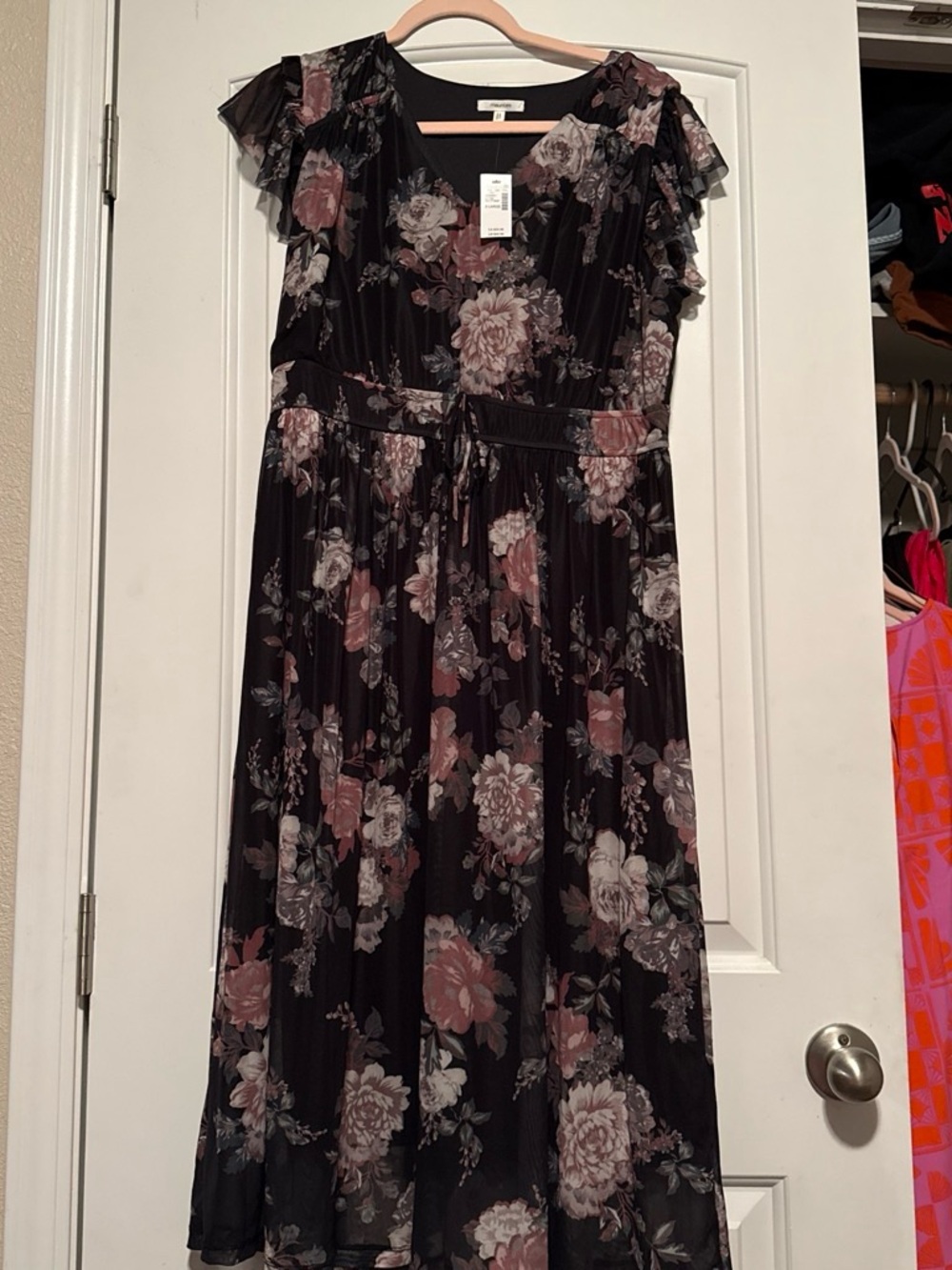 Maurices Black Floral Midi Dress with Pink and Cream Blooms